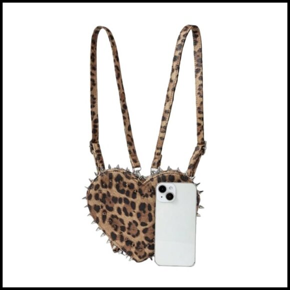 Leopard Print Heart Backpack Punk Rock Mini Bag Adjustable Straps Fashion main image 5